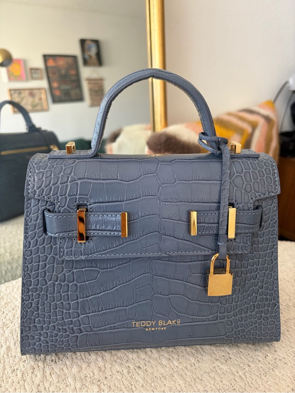 Teddy Blake Bluebell Croc-Embossed Leather Top-Handle Bag 9”